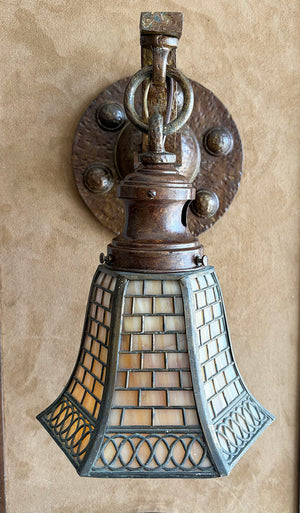 $1500 PAIR -Stunning Pair of Circa 1905-10 Arts and Crafts Hammered Scroll Arm Sconces with Signed Handel Brick Pattern Shades