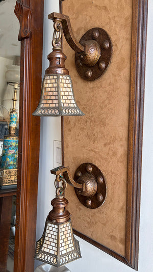 $1500 PAIR -Stunning Pair of Circa 1905-10 Arts and Crafts Hammered Scroll Arm Sconces with Signed Handel Brick Pattern Shades