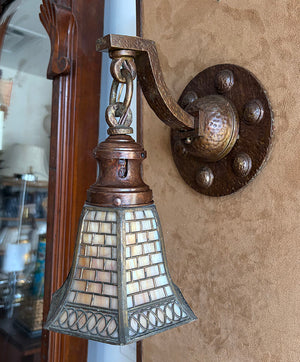 $1500 PAIR -Stunning Pair of Circa 1905-10 Arts and Crafts Hammered Scroll Arm Sconces with Signed Handel Brick Pattern Shades
