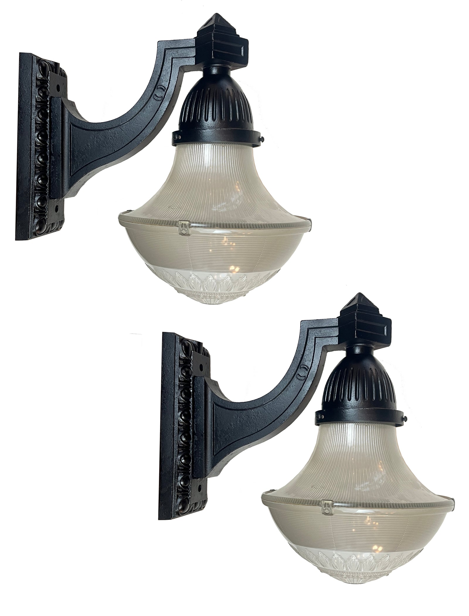 $2500 PAIR - Large 24" tall 1910-20 Cast Iron Egg and Dart Motif Street Lights with Holophane Tear Drop Shades