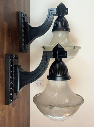 $2500 PAIR - Large 24" tall 1910-20 Cast Iron Egg and Dart Motif Street Lights with Holophane Tear Drop Shades