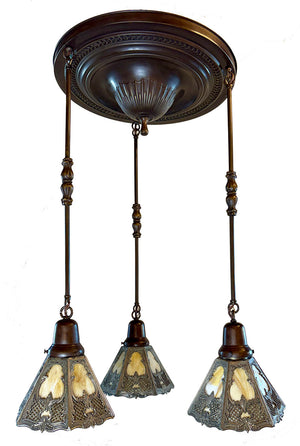 Antique Circa 1915 Edwardian Three Light Embossed Cascade Fixture with Signed Bradley and Hubbard and Filigree Slag Glass Shades