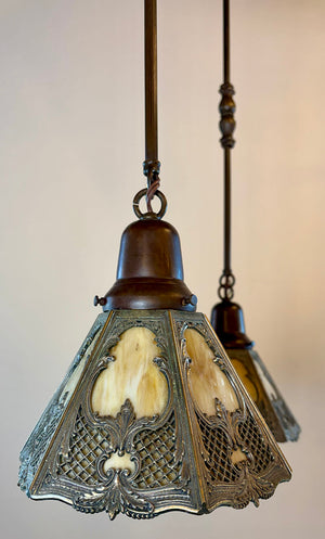 Antique Circa 1915 Edwardian Three Light Embossed Cascade Fixture with Signed Bradley and Hubbard and Filigree Slag Glass Shades