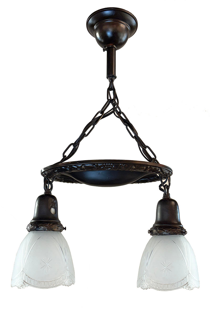 Antique Circa 1915 Two Light Oval Embossed Wreath Chain Suspended Two Light wiht Antique Cut Glass Shades