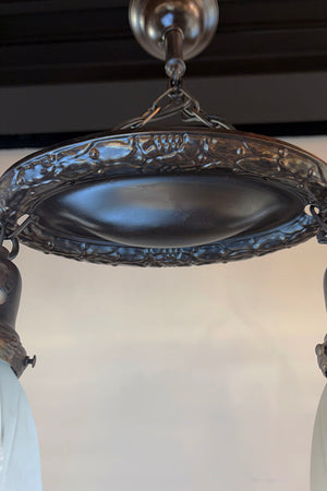 Antique Circa 1915 Two Light Oval Embossed Wreath Chain Suspended Two Light wiht Antique Cut Glass Shades