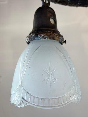 Antique Circa 1915 Two Light Oval Embossed Wreath Chain Suspended Two Light wiht Antique Cut Glass Shades