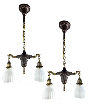 $1450 PAIR - Nice Pair of Antique Circa 1910 Beaux Arts / Edwardian Two Light Pan Lights with Embossed Center Body and Original Antique Frosted Pleated Shades
