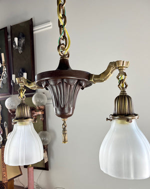 $1450 PAIR - Nice Pair of Antique Circa 1910 Beaux Arts / Edwardian Two Light Pan Lights with Embossed Center Body and Original Antique Frosted Pleated Shades