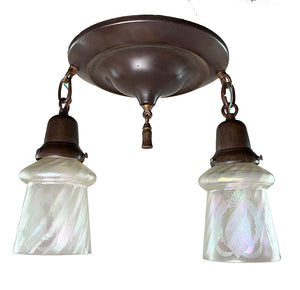 Antique Circa 1910 Two Light Embossed Flush Mount with Antique Acid Etched Shades