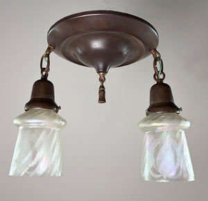 Antique Circa 1910 Two Light Embossed Flush Mount with Antique Acid Etched Shades
