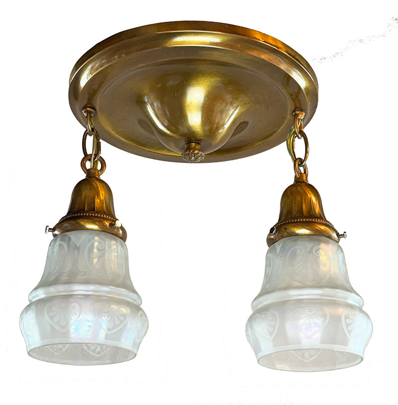 Antique Circa 1915 Two Light Embossed Flush Mount with Antique Acid Etched Shades
