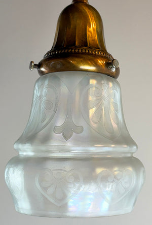 Antique Circa 1915 Two Light Embossed Flush Mount with Antique Acid Etched Shades