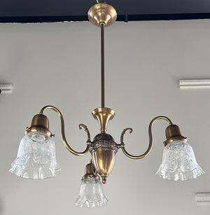 Antique Circa 1910 Early Electric Edwardian Three Light with Scroll Arms and Antique Stencil Etched Ruffle Shades