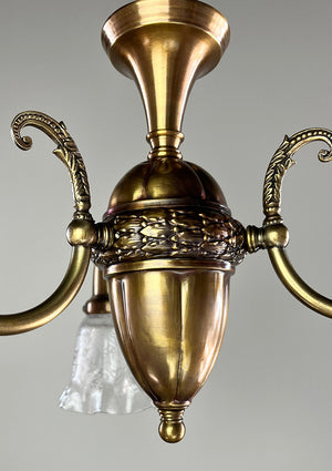 Antique Circa 1910 Early Electric Edwardian Three Light with Scroll Arms and Antique Stencil Etched Ruffle Shades