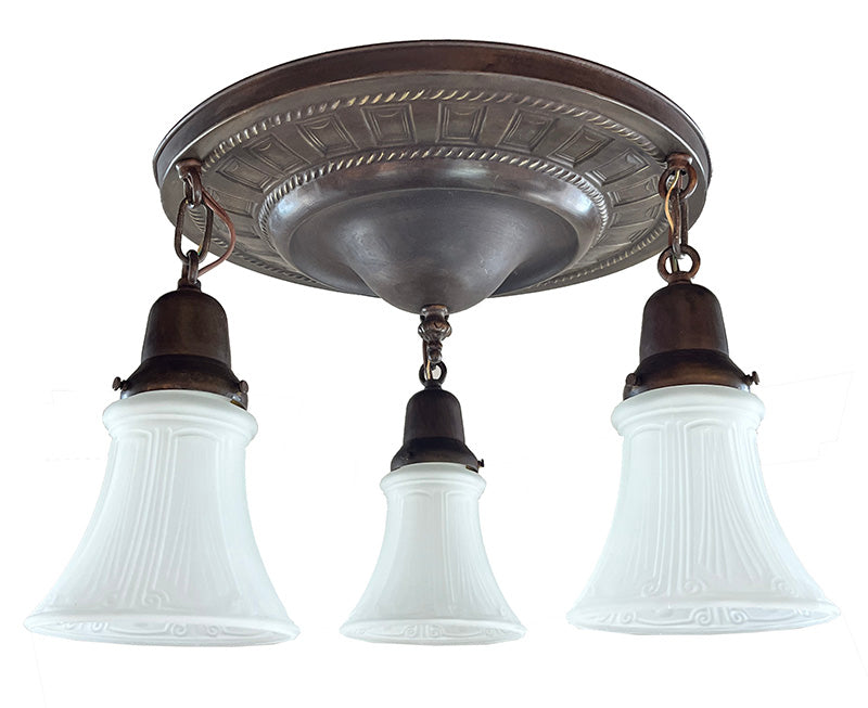 Antique Circa 1915 Three Light Embossed Coffered and Rope Border Flush Mount