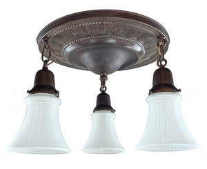 Antique Circa 1915 Three Light Embossed Coffered and Rope Border Flush Mount