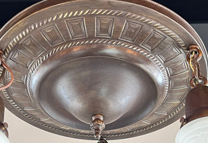 Antique Circa 1915 Three Light Embossed Coffered and Rope Border Flush Mount