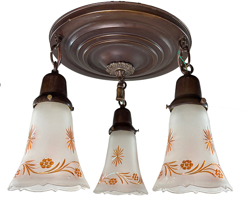 Antique Circa 1915 Three Light Embossed Flush Mount with Antique Copper Flashed Shades