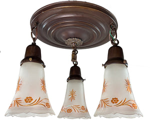 Antique Circa 1915 Three Light Embossed Flush Mount with Antique Copper Flashed Shades