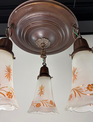 Antique Circa 1915 Three Light Embossed Flush Mount with Antique Copper Flashed Shades