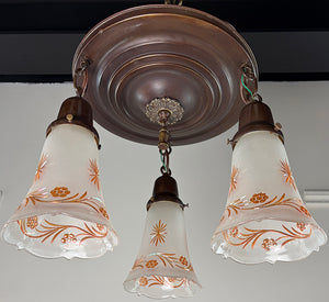 Antique Circa 1915 Three Light Embossed Flush Mount with Antique Copper Flashed Shades