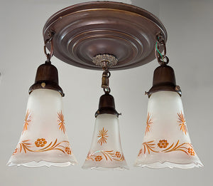 Antique Circa 1915 Three Light Embossed Flush Mount with Antique Copper Flashed Shades