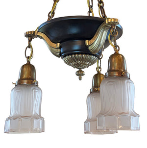 Antique Circa 1915 Three Light Empire Style Chain Suspended Pan Light