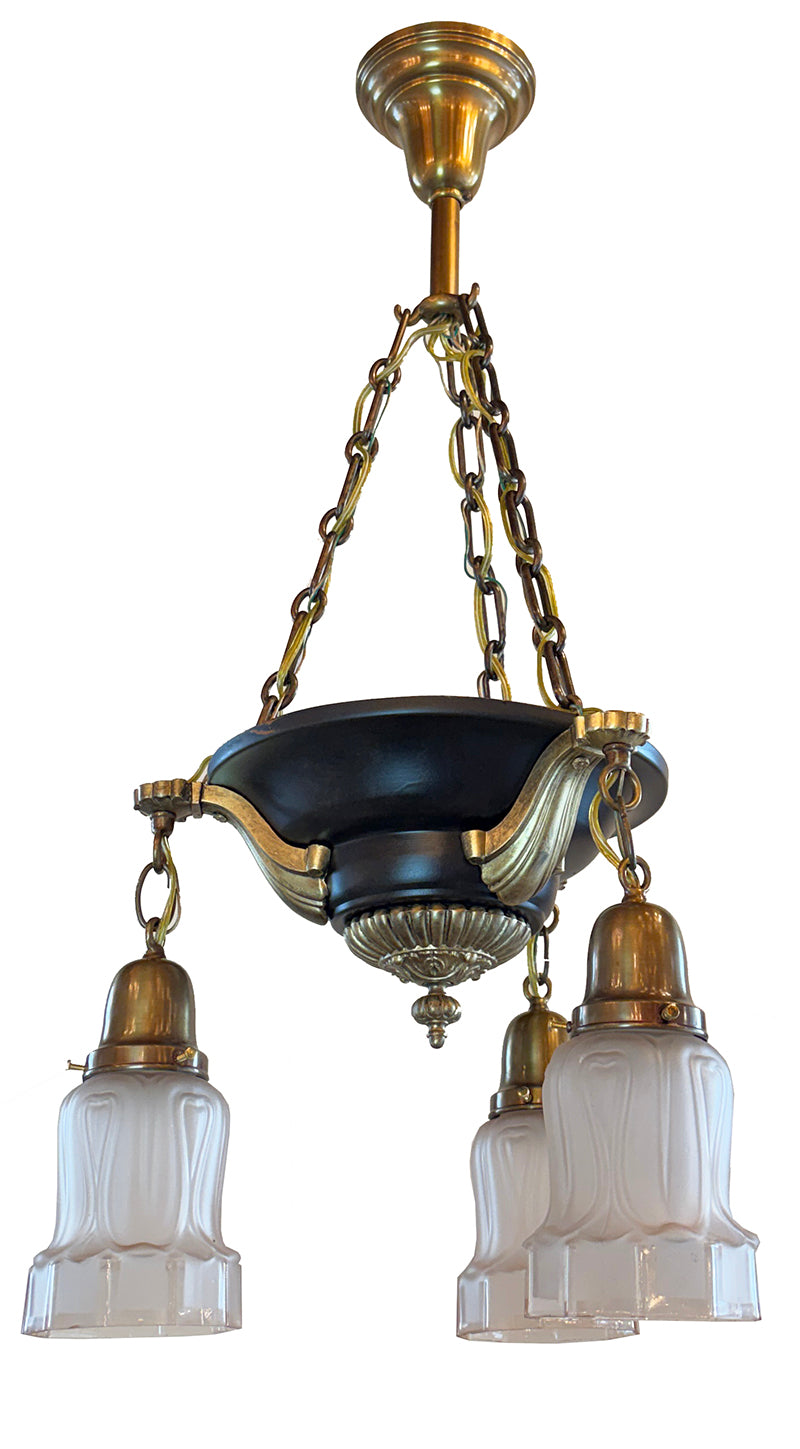Antique Circa 1915 Three Light Empire Style Chain Suspended Pan Light