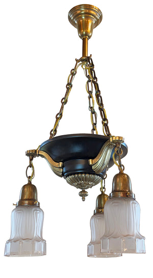 Antique Circa 1915 Three Light Empire Style Chain Suspended Pan Light