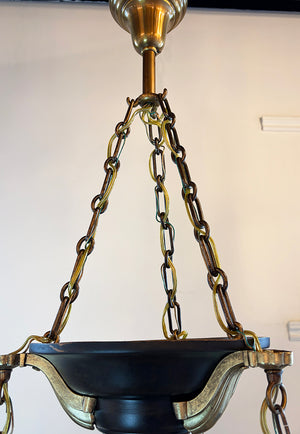 Antique Circa 1915 Three Light Empire Style Chain Suspended Pan Light