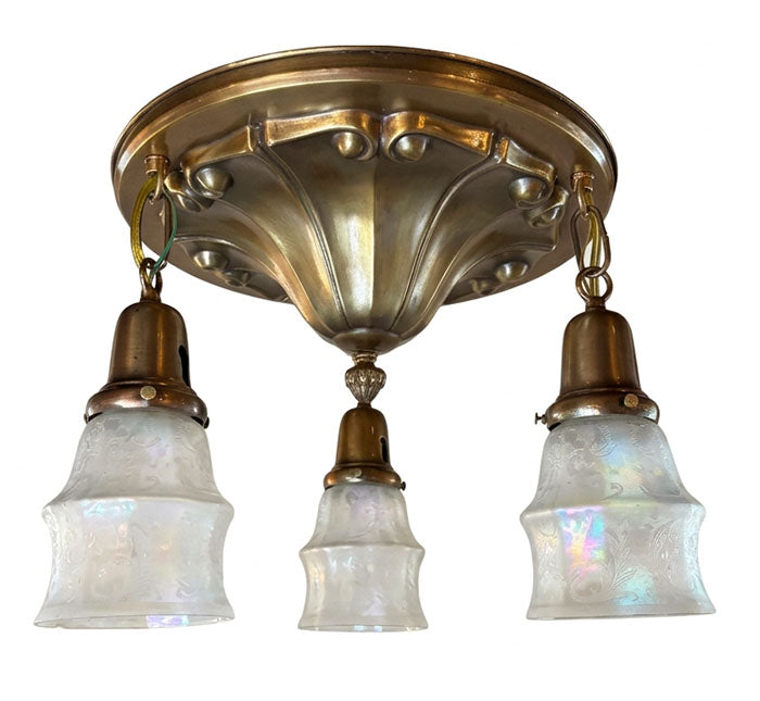 Antique Circa 1910 Embossed Ionic Column Pattern Flush Mount with Antique Acid Etched Iridescent Shades