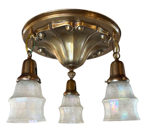 Antique Circa 1910 Embossed Ionic Column Pattern Flush Mount with Antique Acid Etched Iridescent Shades