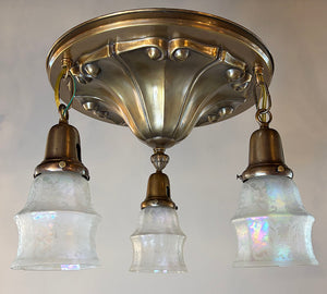 Antique Circa 1910 Embossed Ionic Column Pattern Flush Mount with Antique Acid Etched Iridescent Shades