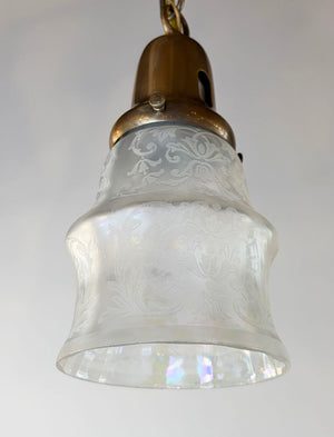 Antique Circa 1910 Embossed Ionic Column Pattern Flush Mount with Antique Acid Etched Iridescent Shades