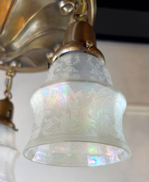 Antique Circa 1910 Embossed Ionic Column Pattern Flush Mount with Antique Acid Etched Iridescent Shades