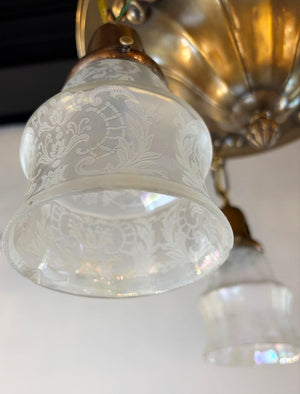 Antique Circa 1910 Embossed Ionic Column Pattern Flush Mount with Antique Acid Etched Iridescent Shades