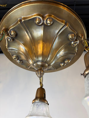 Antique Circa 1910 Embossed Ionic Column Pattern Flush Mount with Antique Acid Etched Iridescent Shades