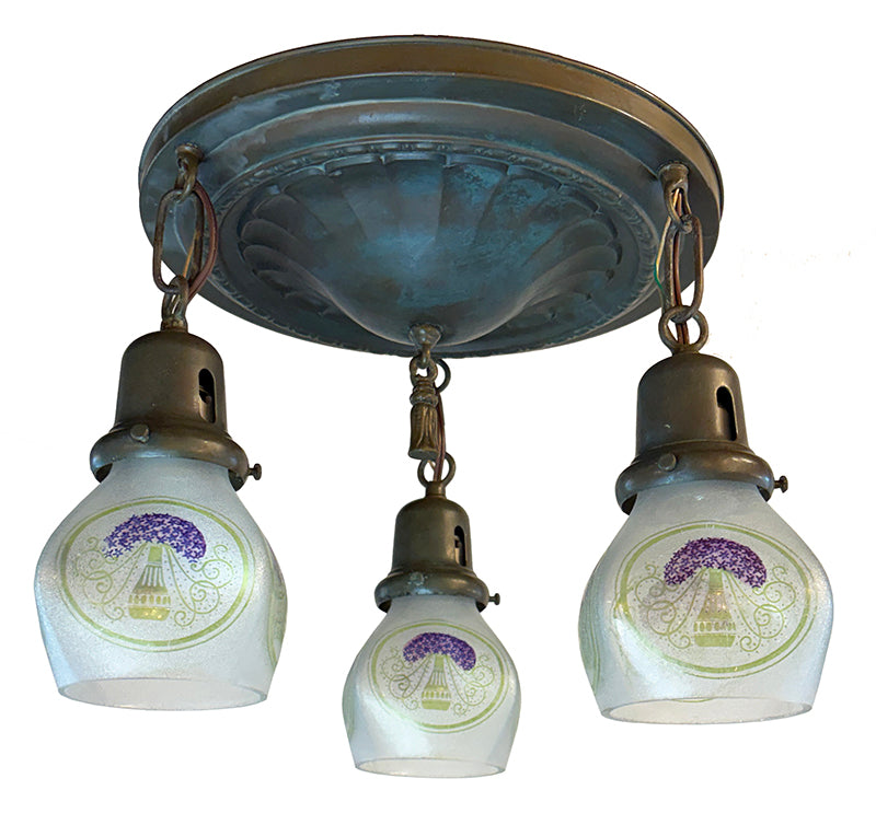 Antique Circa 1915 Embossed Flush Mount with Antique Reverse Etched Lilac Bouquet Purple and Gree Shades