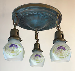 Antique Circa 1915 Embossed Flush Mount with Antique Reverse Etched Lilac Bouquet Purple and Gree Shades