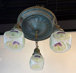 Antique Circa 1915 Embossed Flush Mount with Antique Reverse Etched Lilac Bouquet Purple and Gree Shades