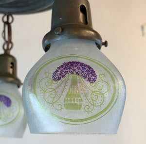 Antique Circa 1915 Embossed Flush Mount with Antique Reverse Etched Lilac Bouquet Purple and Gree Shades