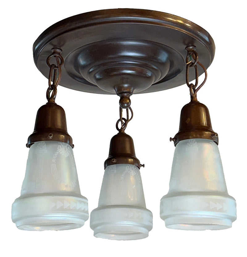 Antique Circa 1915 Three Light Embossed Flush Mount with Antique Acid Etched Shades