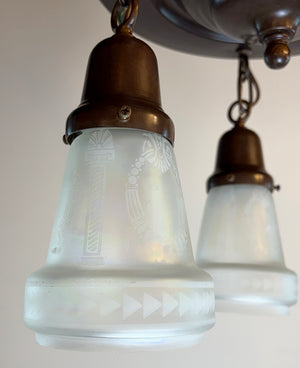 Antique Circa 1915 Three Light Embossed Flush Mount with Antique Acid Etched Shades