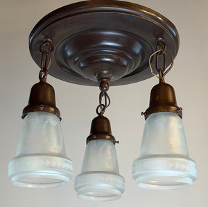 Antique Circa 1915 Three Light Embossed Flush Mount with Antique Acid Etched Shades