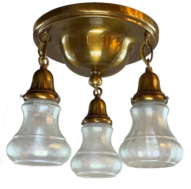 Antique Circa 1915 Three Light Embossed Flush Mount with Antique Acid Etched Shades