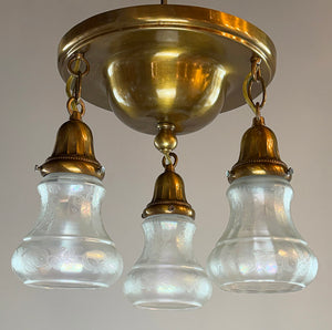 Antique Circa 1915 Three Light Embossed Flush Mount with Antique Acid Etched Shades