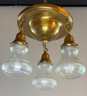 Antique Circa 1915 Three Light Embossed Flush Mount with Antique Acid Etched Shades