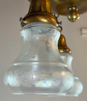 Antique Circa 1915 Three Light Embossed Flush Mount with Antique Acid Etched Shades