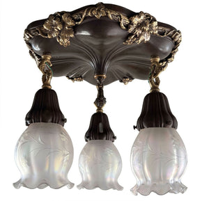 Antique Circa 1910 Sheffeild Embossed Flush Mount with Cast Grape Leaf Border and Original Iridescent Ruffled Edge Shades