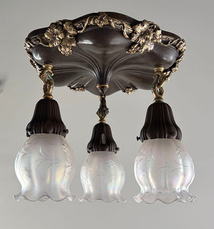 Antique Circa 1910 Sheffeild Embossed Flush Mount with Cast Grape Leaf Border and Original Iridescent Ruffled Edge Shades